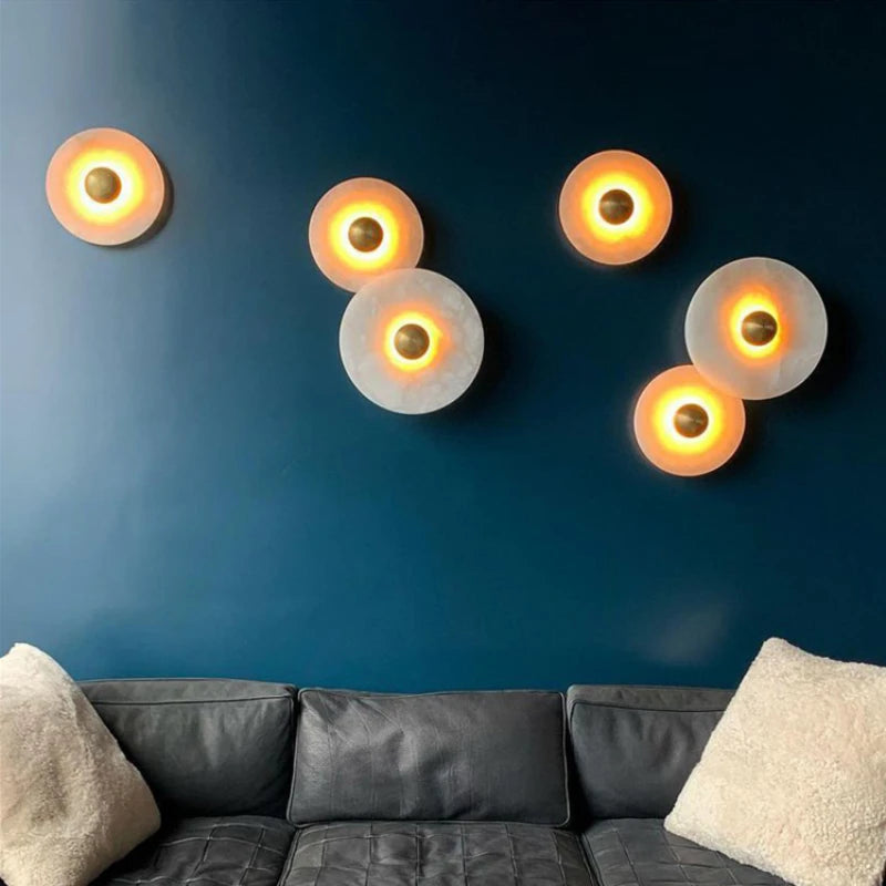Art Deco Natural Marble LED Wall Lamp Hotel Hall Foyer Aisle Corridor Sconce Round Stone Gold Aluminium Free Collocation