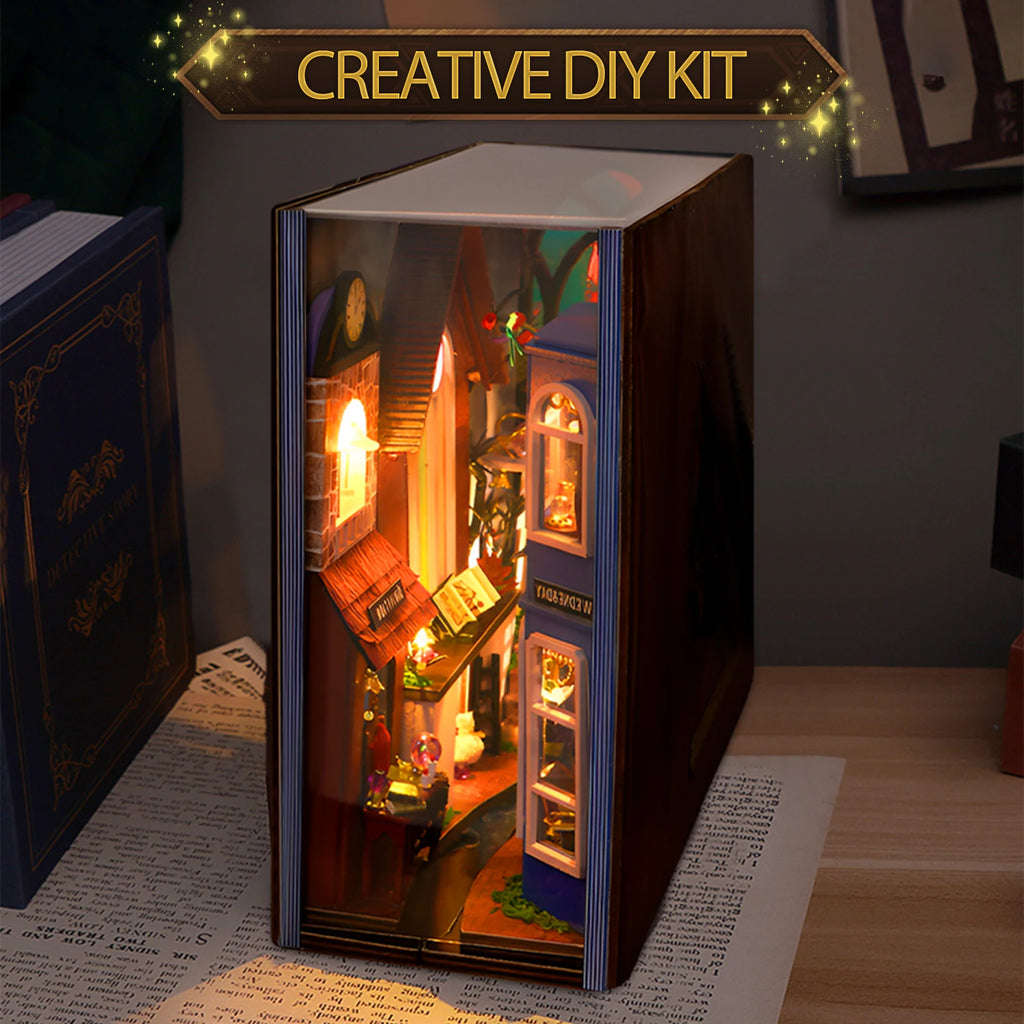 DIY Book Nook Kit Decorative Miniature House Bookend Bookshelf Insert Decor Kit Creative DIY Bookend Model Set for Desk