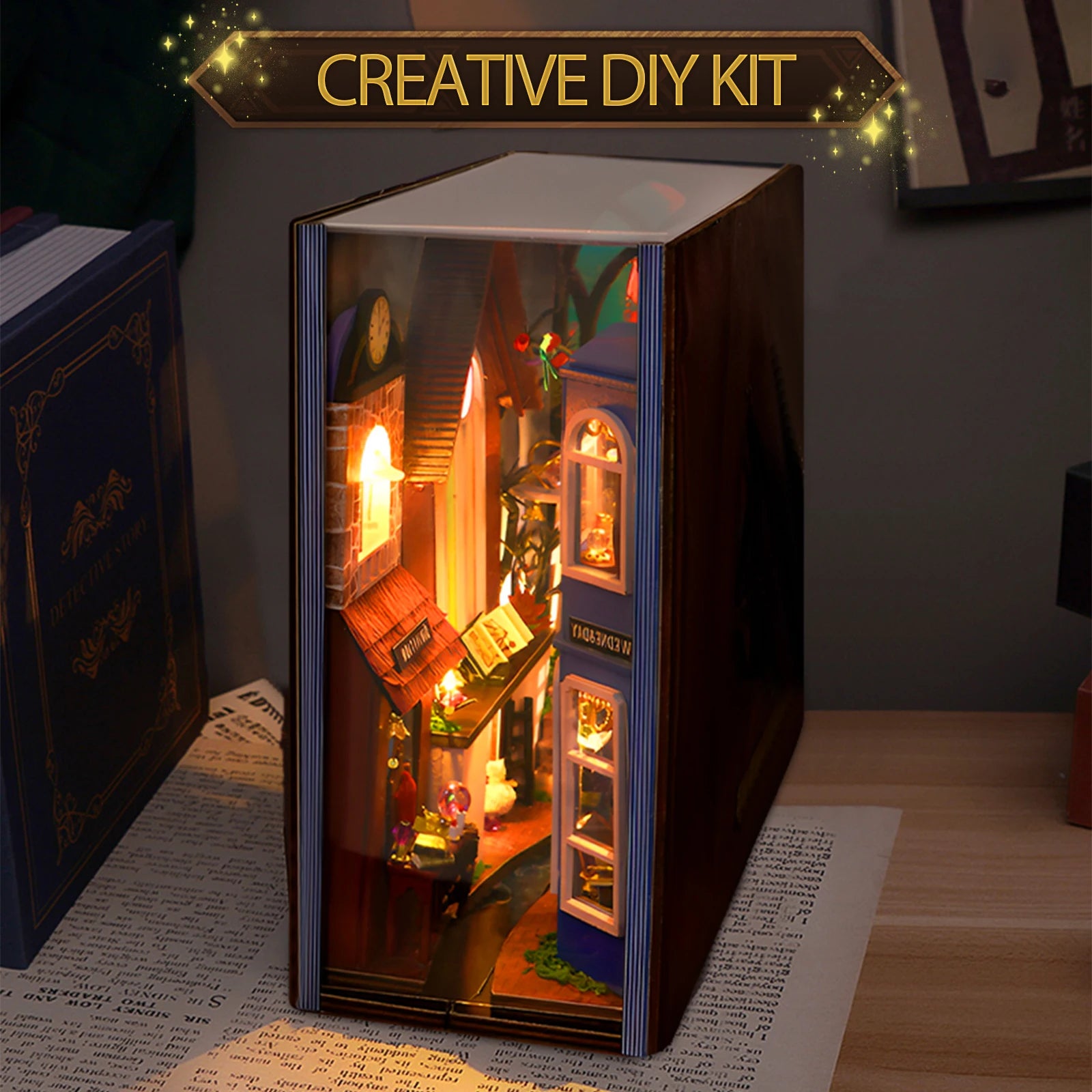 DIY Book Nook Kit Decorative Miniature House Bookend Bookshelf Insert Decor Kit Creative DIY Bookend Model Set for Desk