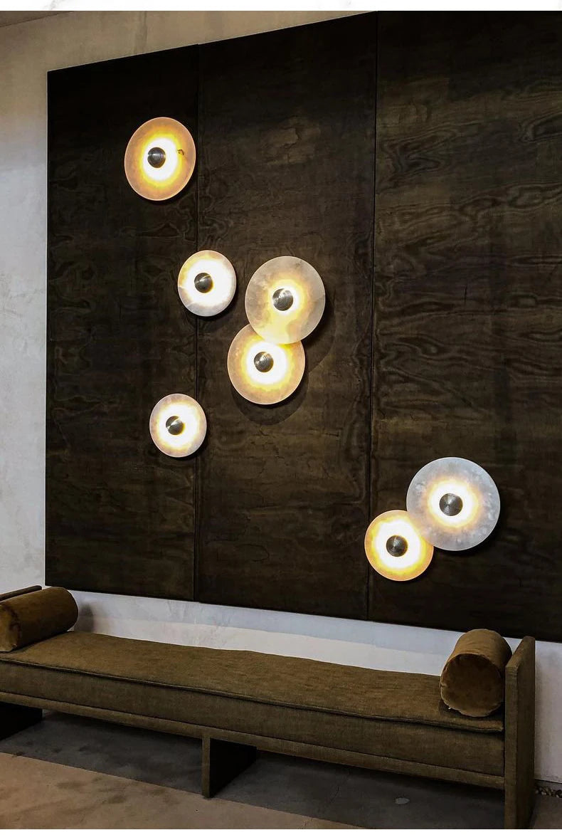 Art Deco Natural Marble LED Wall Lamp Hotel Hall Foyer Aisle Corridor Sconce Round Stone Gold Aluminium Free Collocation