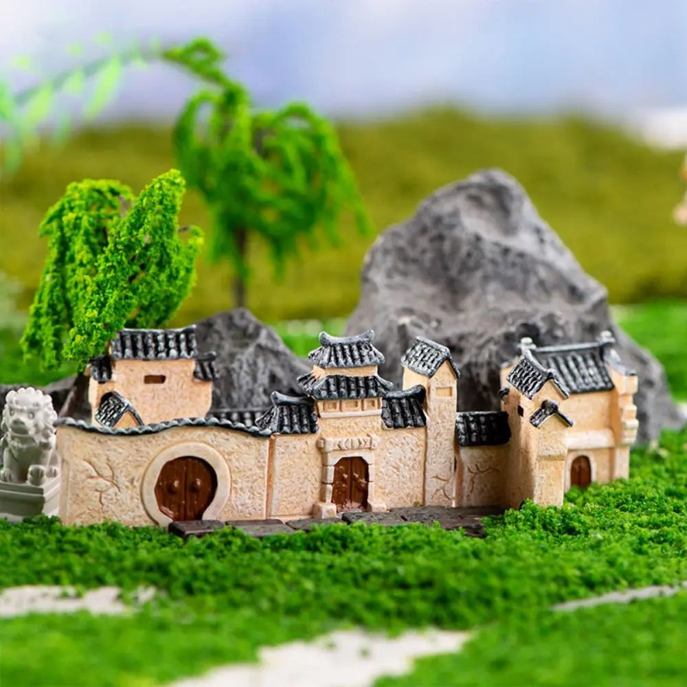 Decorative Mini Resin House Chinese Style Retor Bonsai Landscaping Resin Mini House Retro Building Home Desk